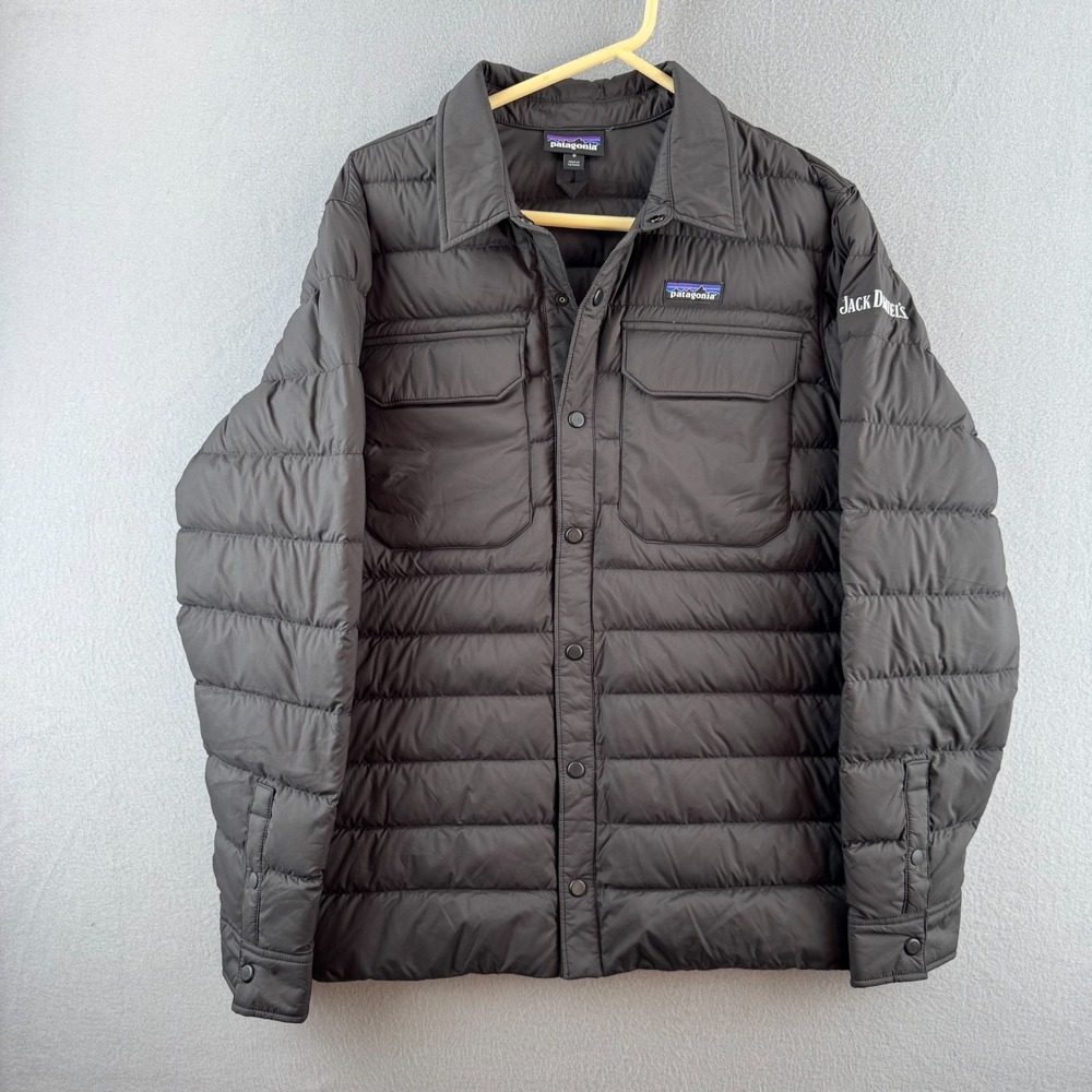 Patagonia Silent Down Shirt Jacket Mens Medium Black Jack Daniels Puffer Snap Up